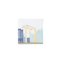 Single folded construction beverage napkin with skyline and yellow crane on white background.