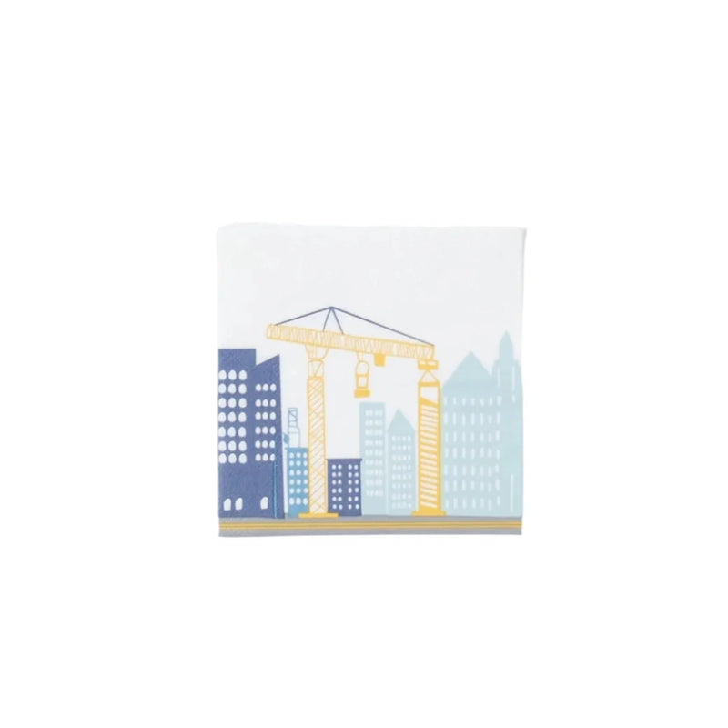 Single folded construction beverage napkin with skyline and yellow crane on white background.