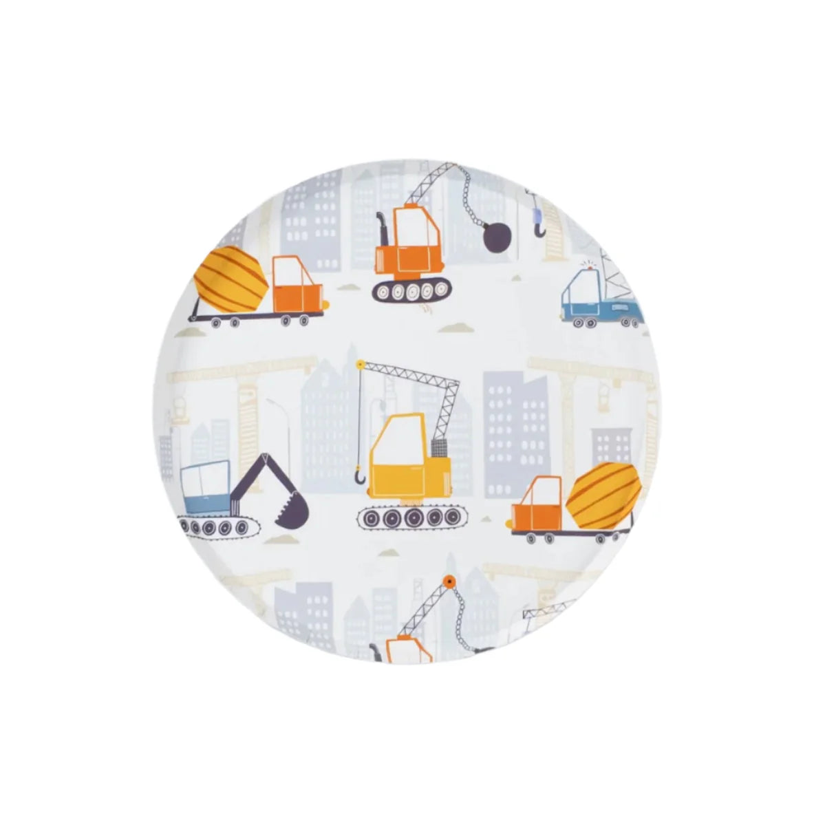 Front view of one construction dessert plate on white background.