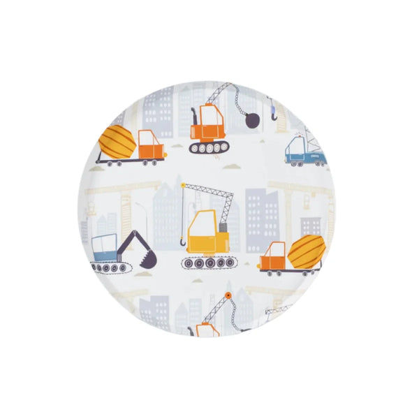 Front view of one construction dessert plate on white background.