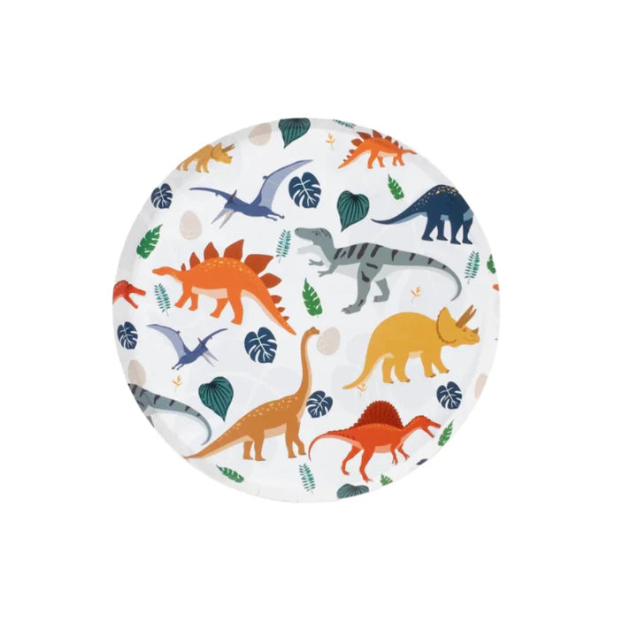 Isolated round dinosaur dessert plate with assorted dinos and foliage.