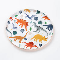 Single dinosaur dessert plate on white background showing full pattern.
