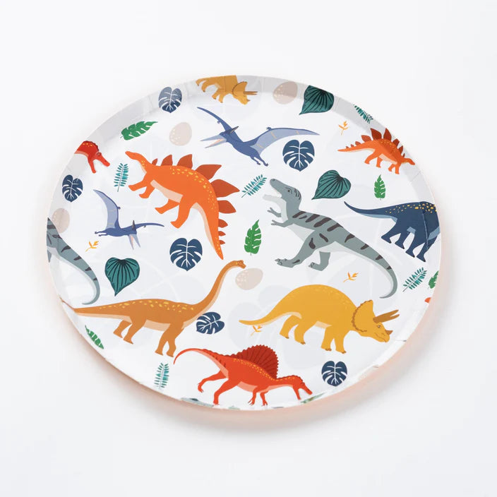 Single dinosaur dessert plate on white background showing full pattern.