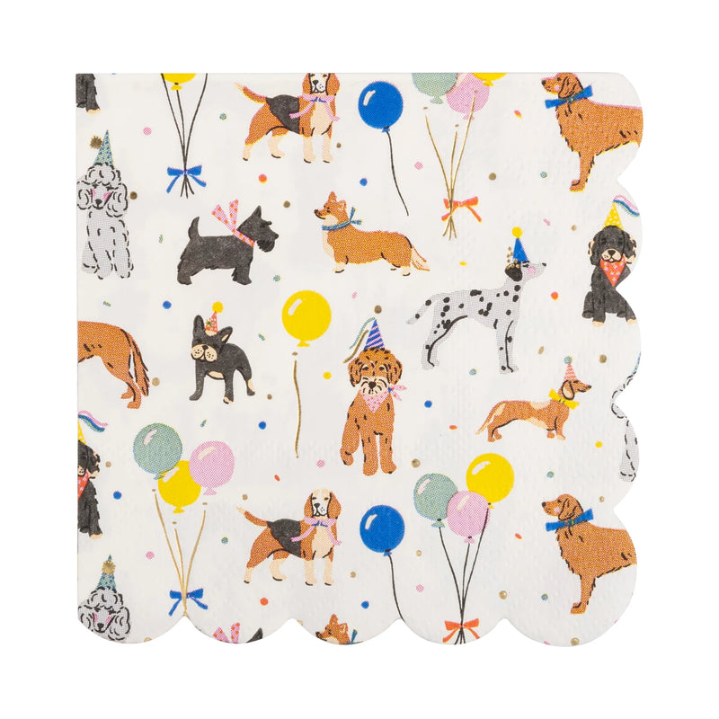 Alternate view of single dog cocktail napkin with scalloped edge and party hats.