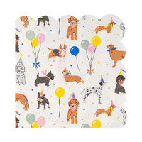 Single scalloped cocktail napkin with illustrated dogs, balloons, and confetti.