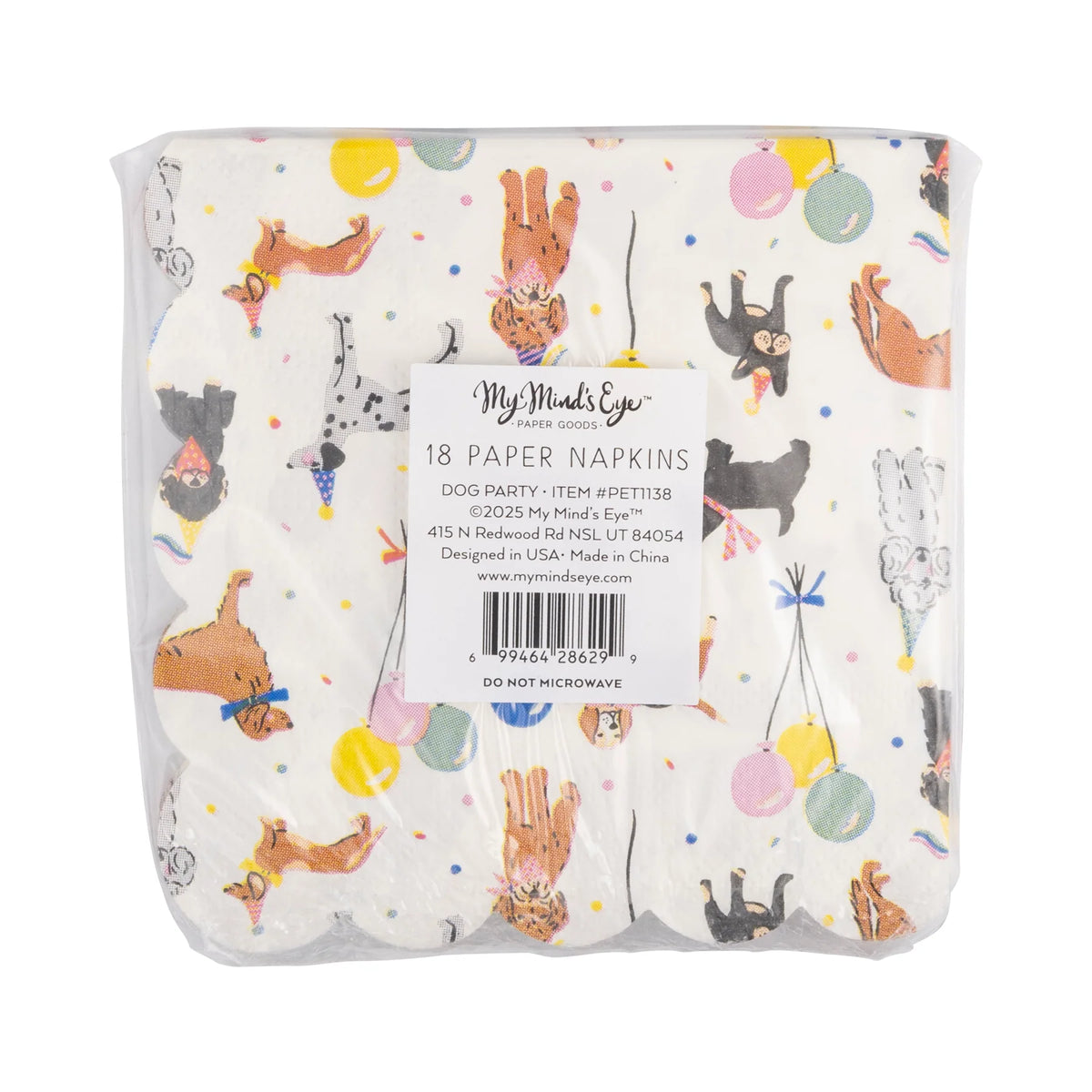 Back of pack showing 18 paper cocktail napkins with party dog pattern.
