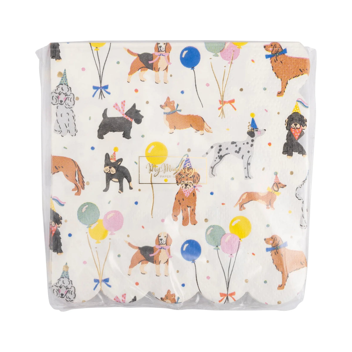 Front of sealed napkin pack displaying the dog party design.