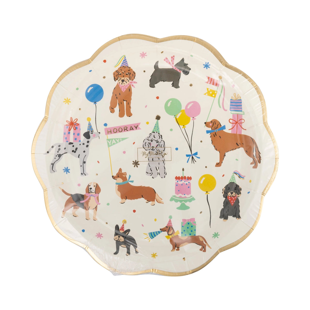 Front view of scalloped dog party plate with puppies, balloons, cakes, and gold rim.