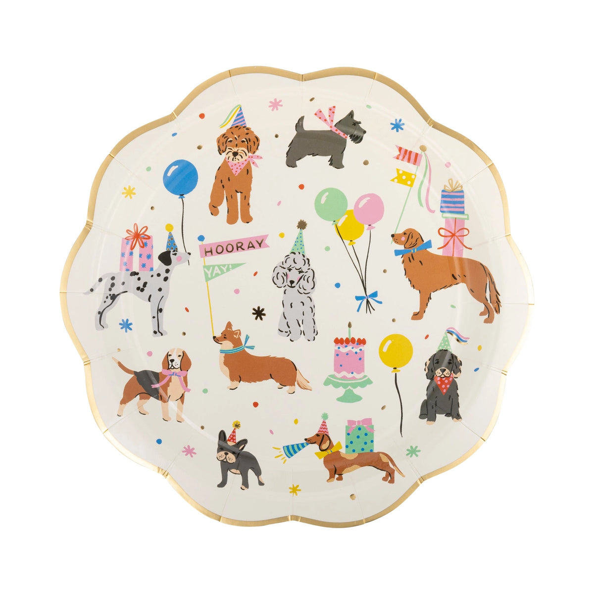 Product shot of the dog party plate with gold rim on a white background.