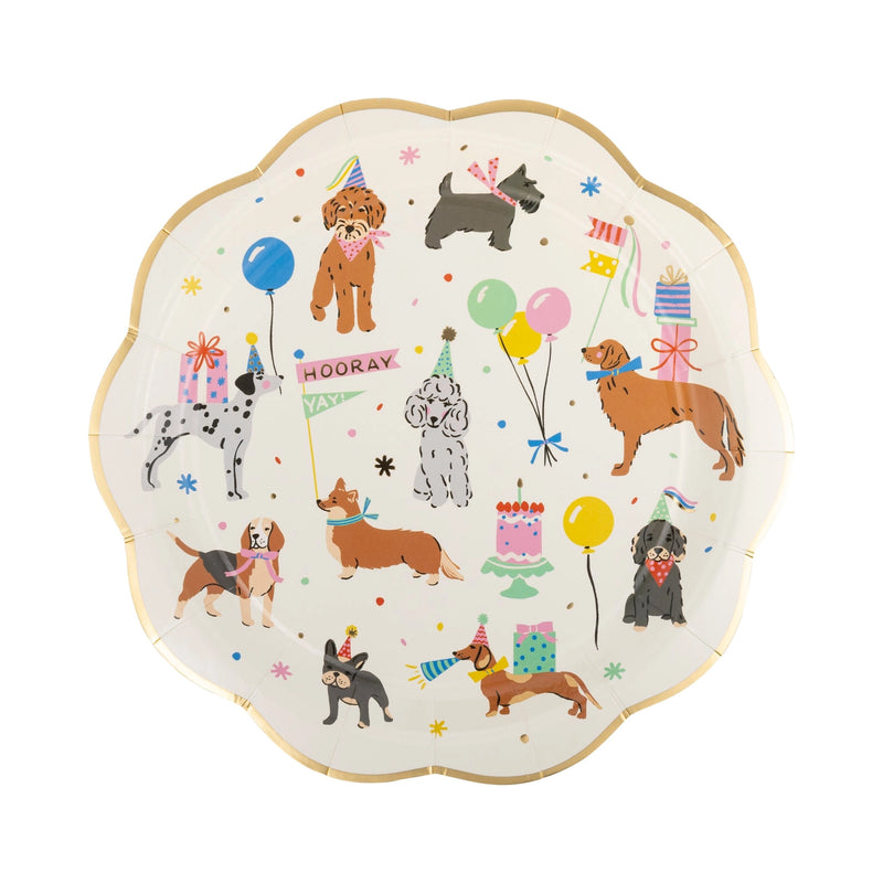 Product shot of the dog party plate with gold rim on a white background.