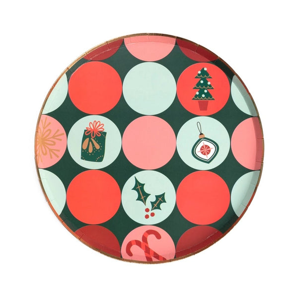 Gatherings Christmas dessert plate on white background with red, pink, and mint dots plus holiday icons.