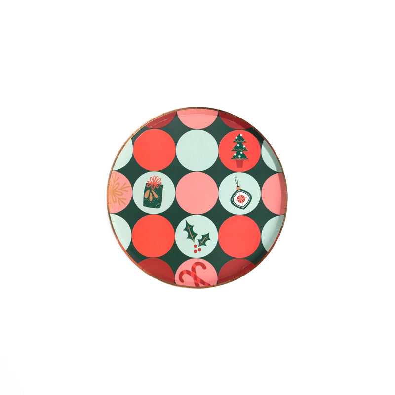 Gatherings Christmas dessert plate on white background with red, pink, and mint dots plus holiday icons.