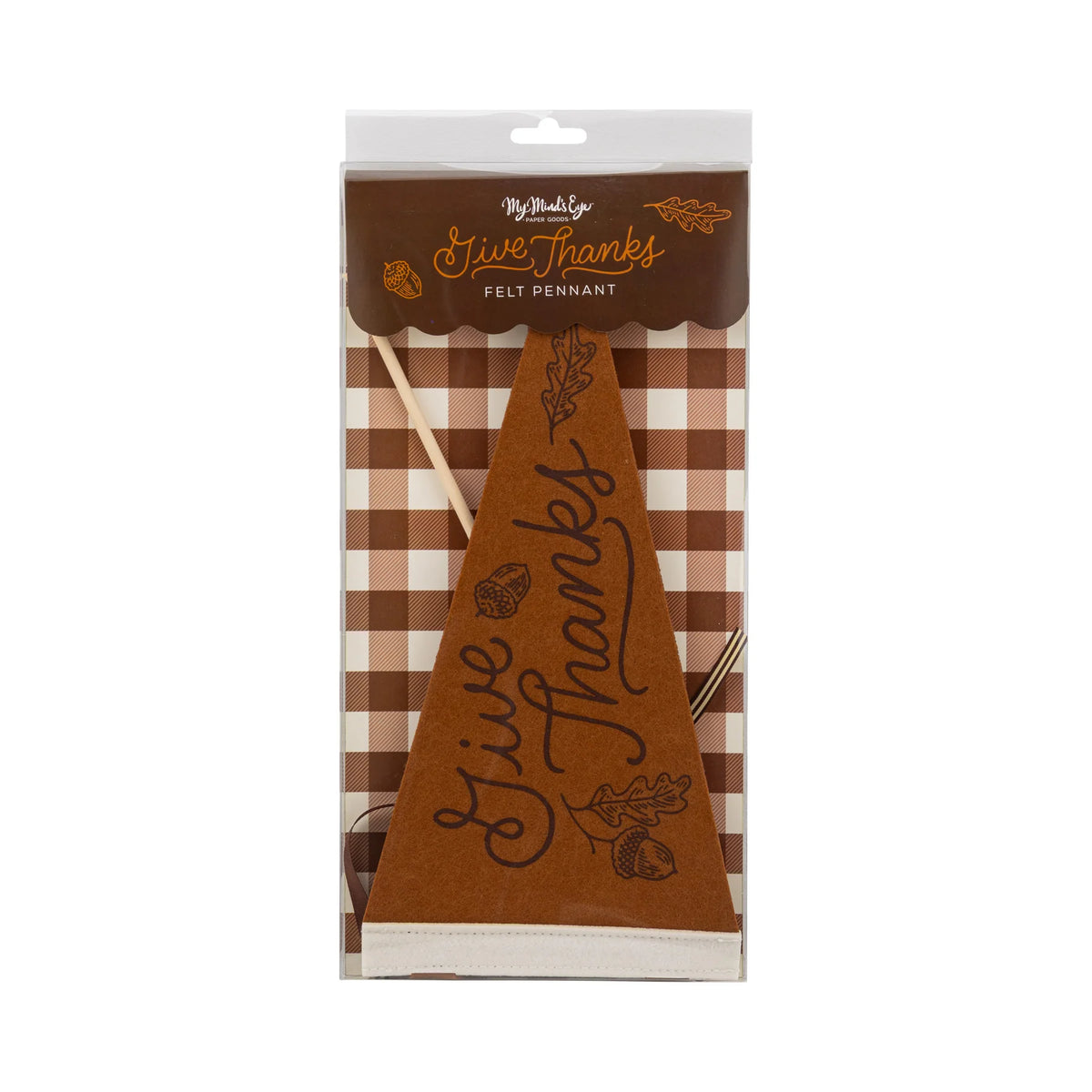 Close view of the brown felt Give Thanks pennant in a clear sleeve over a brown gingham backer.