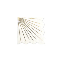 Isolated white beverage napkin with metallic gold rays and zigzag edge on white.