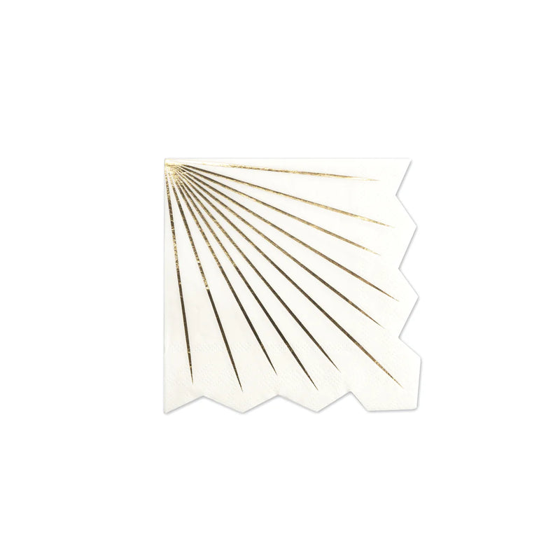 Isolated white beverage napkin with metallic gold rays and zigzag edge on white.