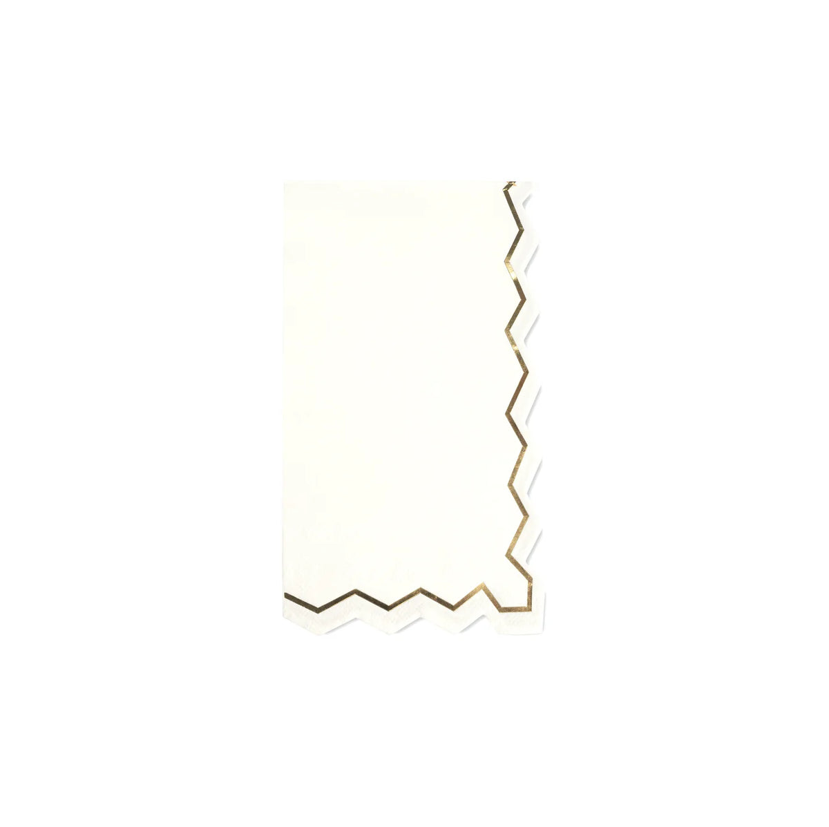 Isolated folded white guest towel with a gold zigzag border on right side.