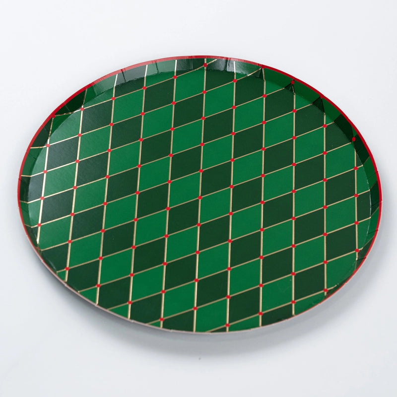 Full view of round green diamond plate with gold lines and red accents.