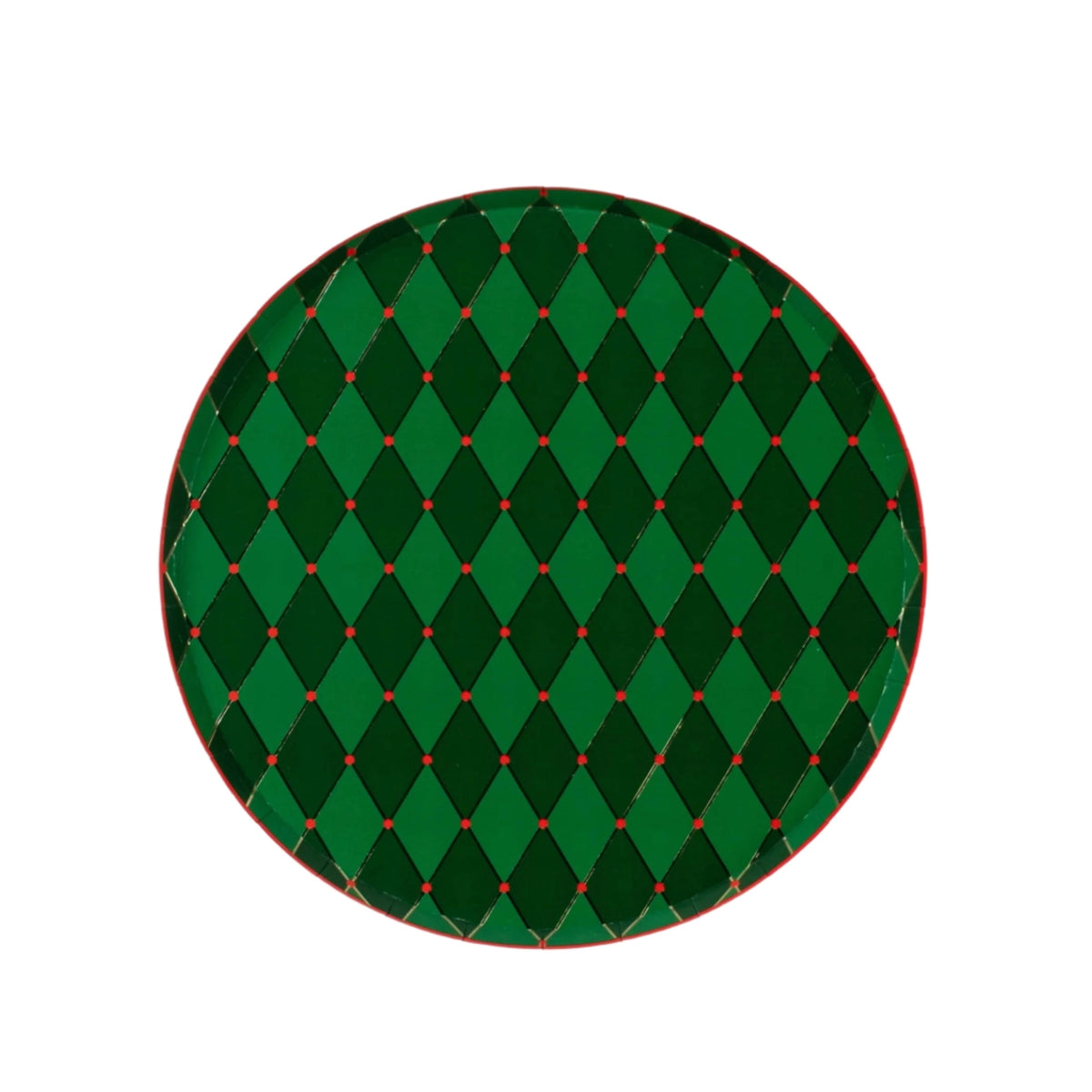 Isolated green diamond dinner plate on white background, front view.