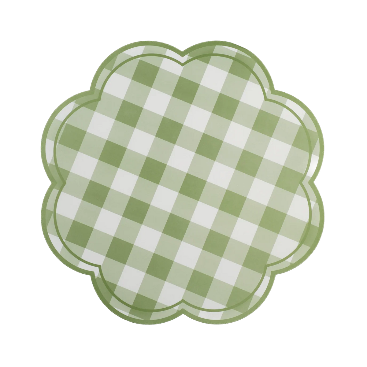 Isolated green gingham scalloped paper placemat on black background.