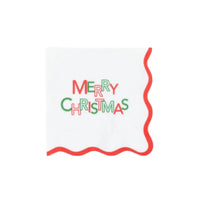 Product shot of single Merry Christmas napkin centered on white background.