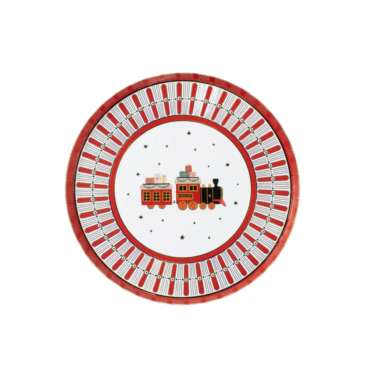 Product shot of North Pole Express dessert plate on white background, full view.