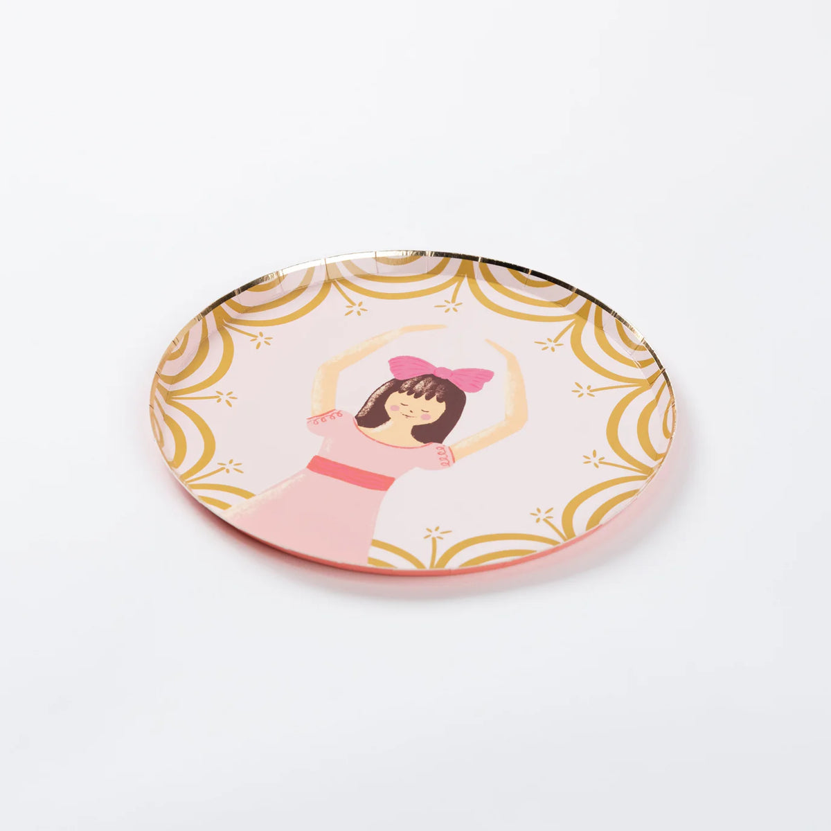 Single Clara dessert plate on blush pink with gold curtain border.