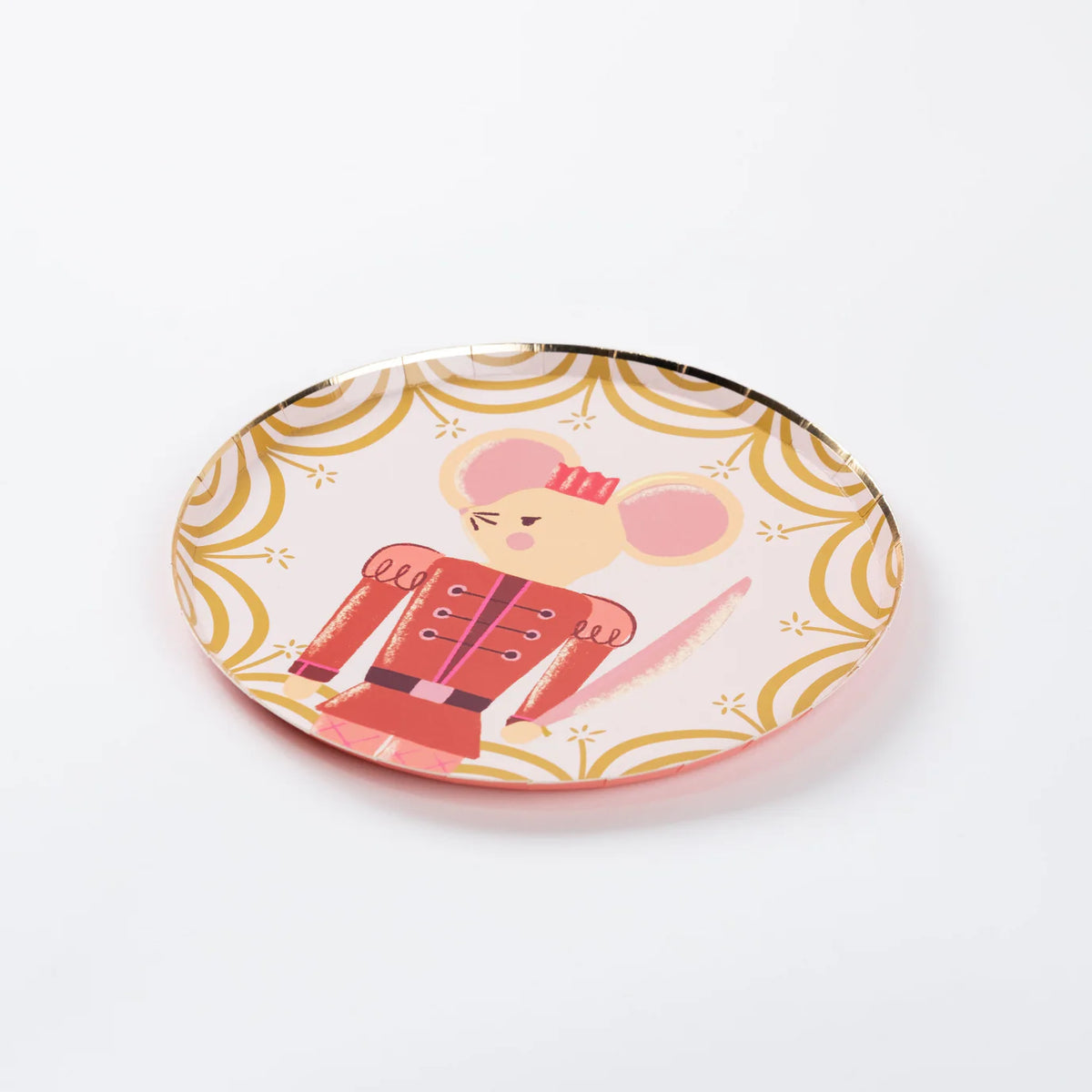 Single Mouse King dessert plate on blush pink with gold curtain border.