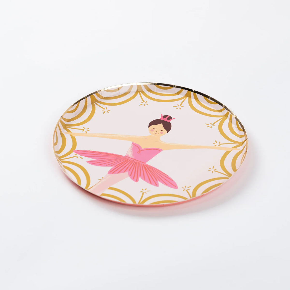 Single Sugar Plum Fairy dessert plate on blush pink with gold accents.