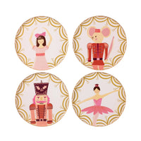Four Nutcracker Ballet dessert plates arranged to show each character design.