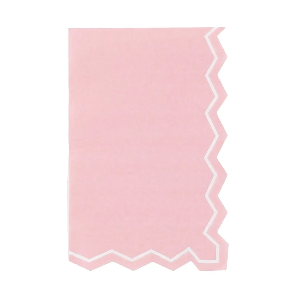 Pink guest towel with white zigzag scalloped edge on right side, flat lay on white background.