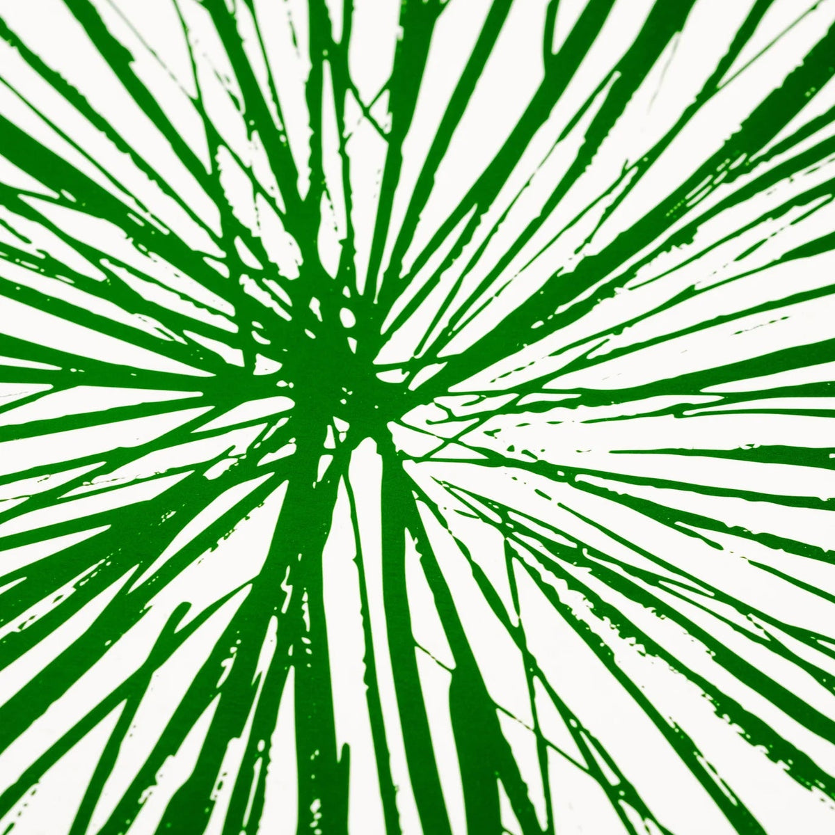 Macro closeup of green splatter starburst pattern on a white plate.