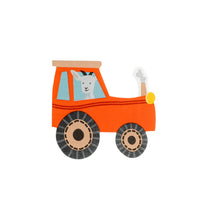 Isolated farm tractor beverage napkin, full shape shown on white.