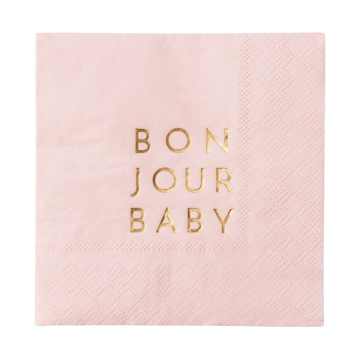Close‑up angle of a folded Bonjour Baby napkin showing soft 3‑ply texture and metallic gold text.