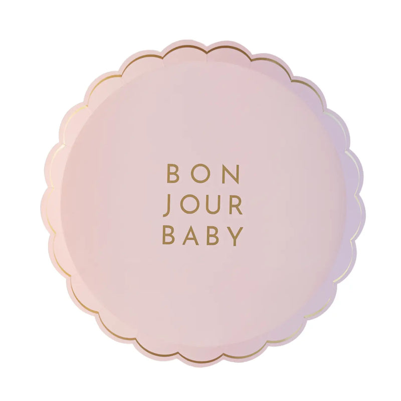 Close‑up of a single Bonjour Baby small plate showing subtle gold rim and soft pink color.
