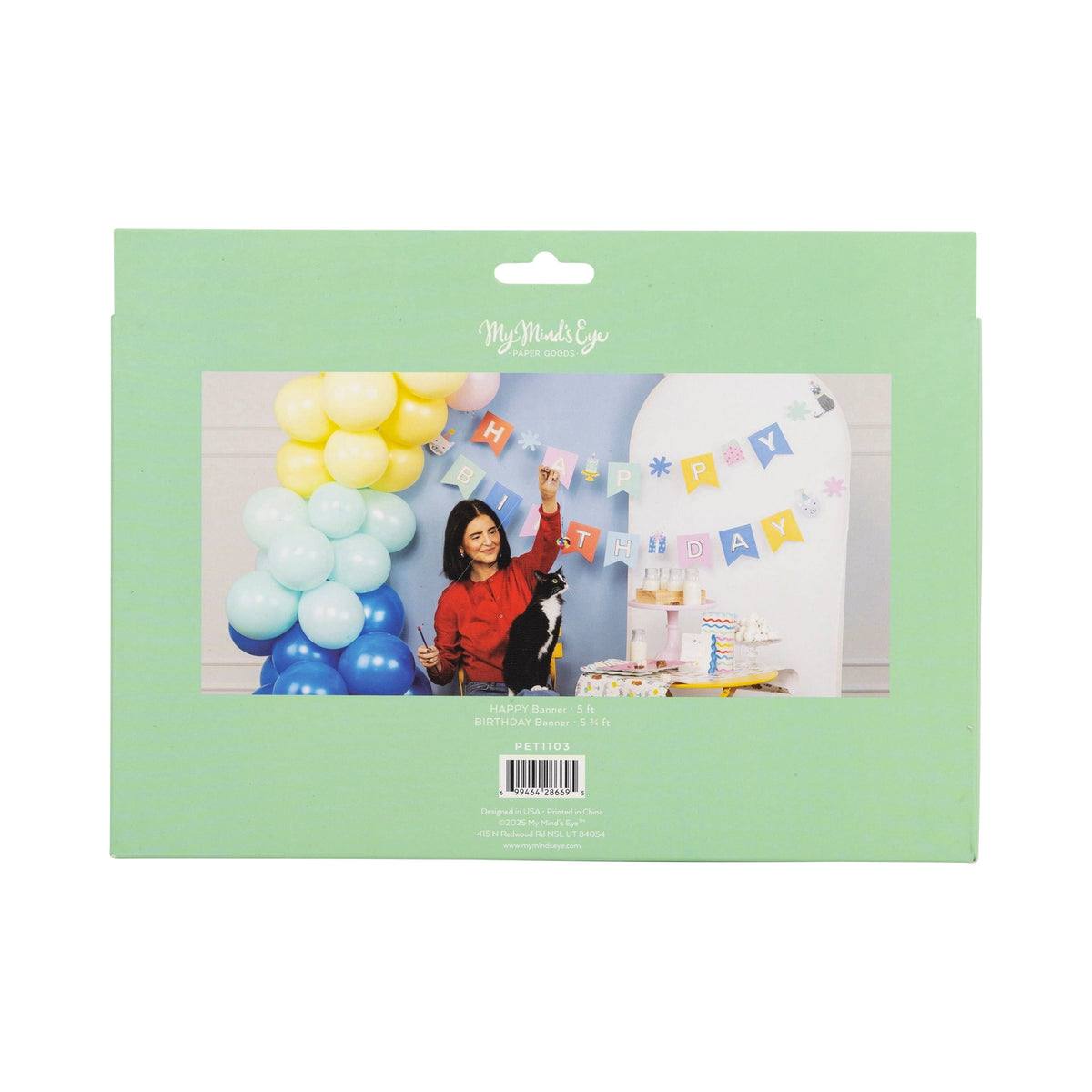 Back of Cat Happy Birthday Banner package showing product photo and measurements