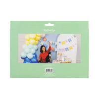 Back of Cat Happy Birthday Banner package showing product photo and measurements