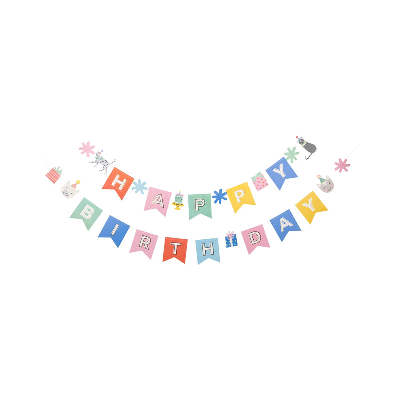 Isolated view of full two-strand Cat Happy Birthday Banner on white background