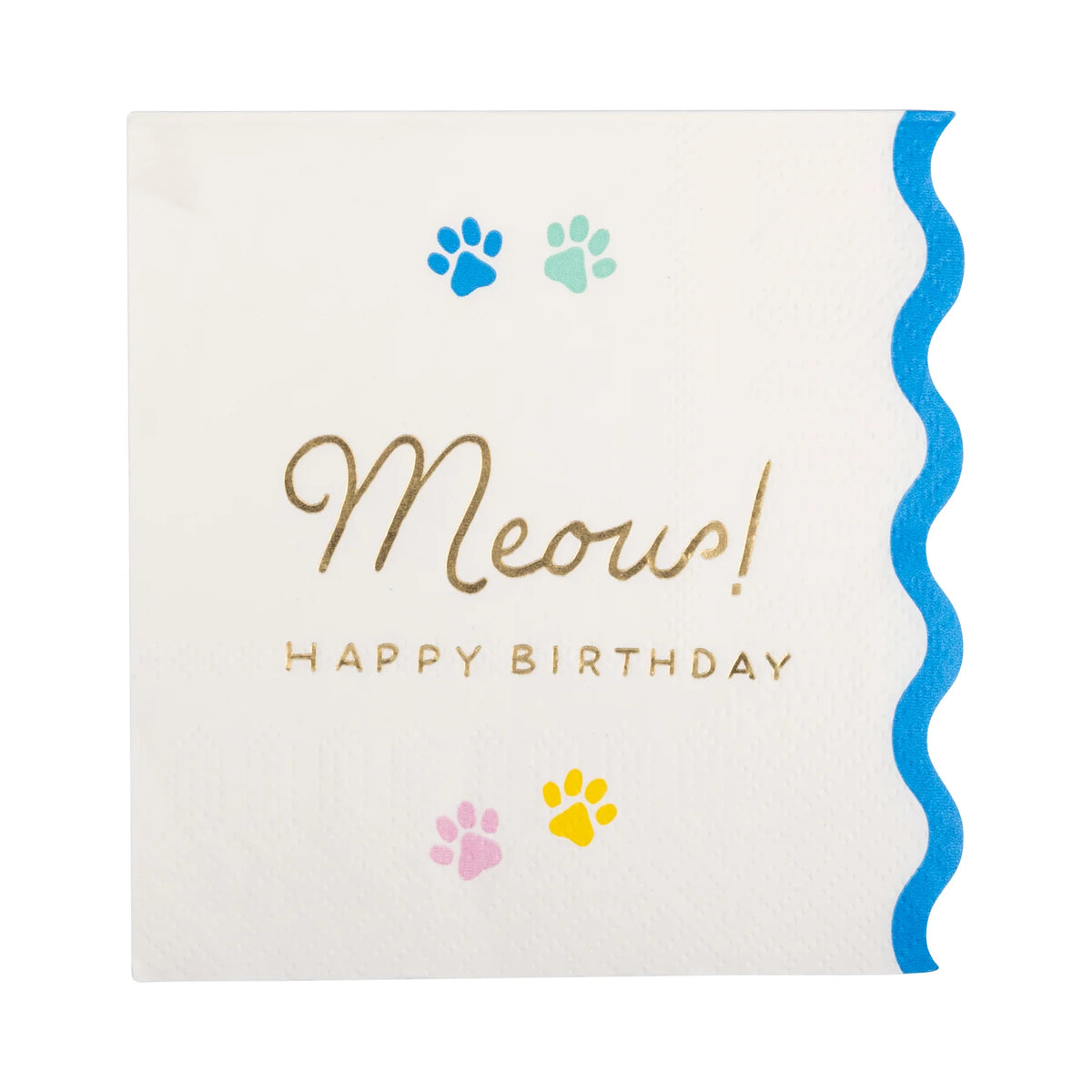 Paper Napkins with 'Meow! Happy Birthday' text and paw prints on a white background and blue border