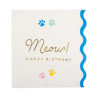 Paper Napkins with 'Meow! Happy Birthday' text and paw prints on a white background and blue border