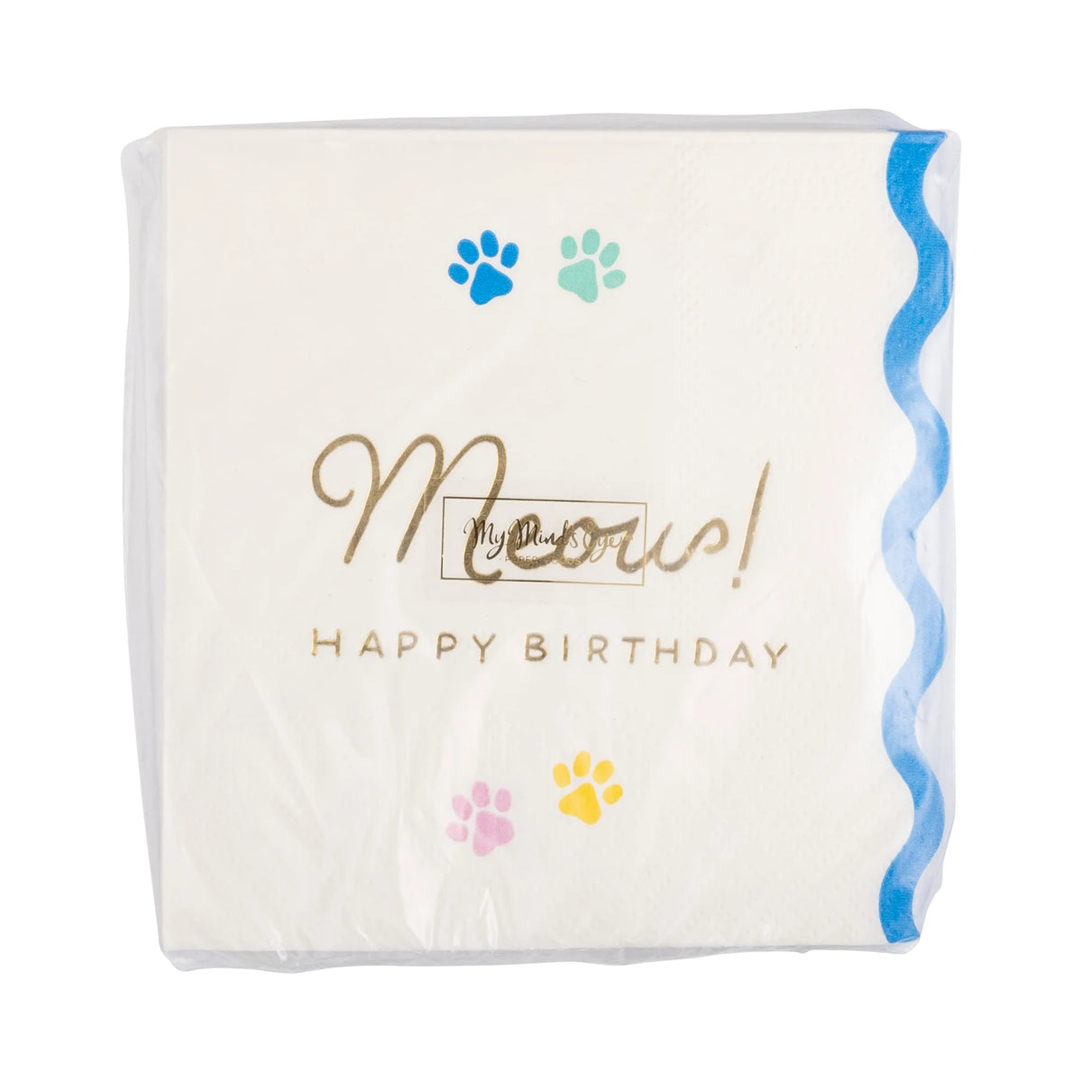 White paper napkins with 'Meow! Happy Birthday' text and paw prints on a white background with blue border