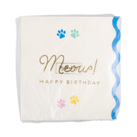 White paper napkins with 'Meow! Happy Birthday' text and paw prints on a white background with blue border