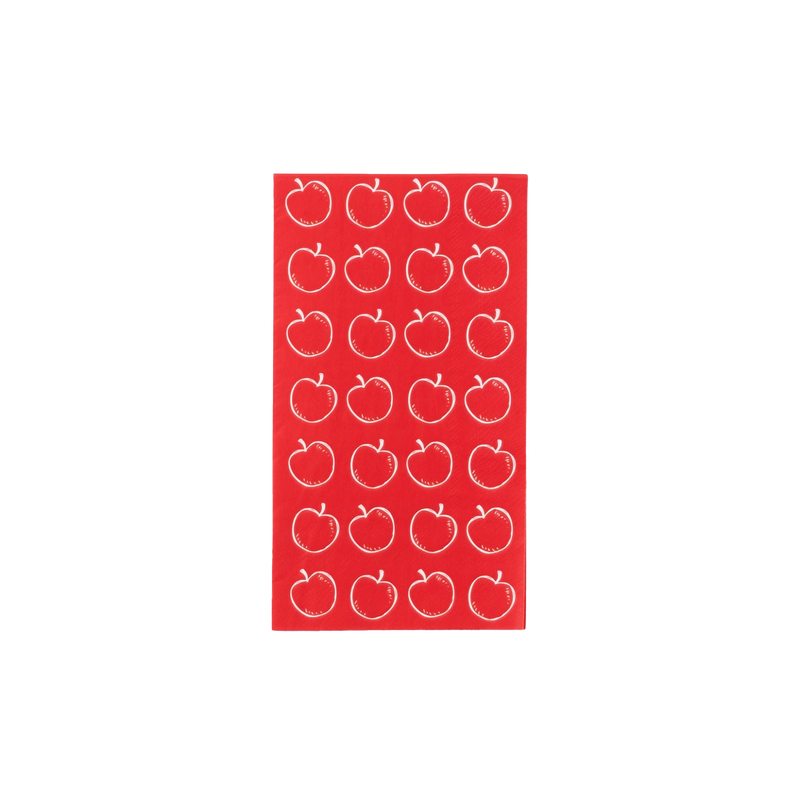 Red guest towel printed with rows of white hand-drawn apples, 5 × 8 in folded.