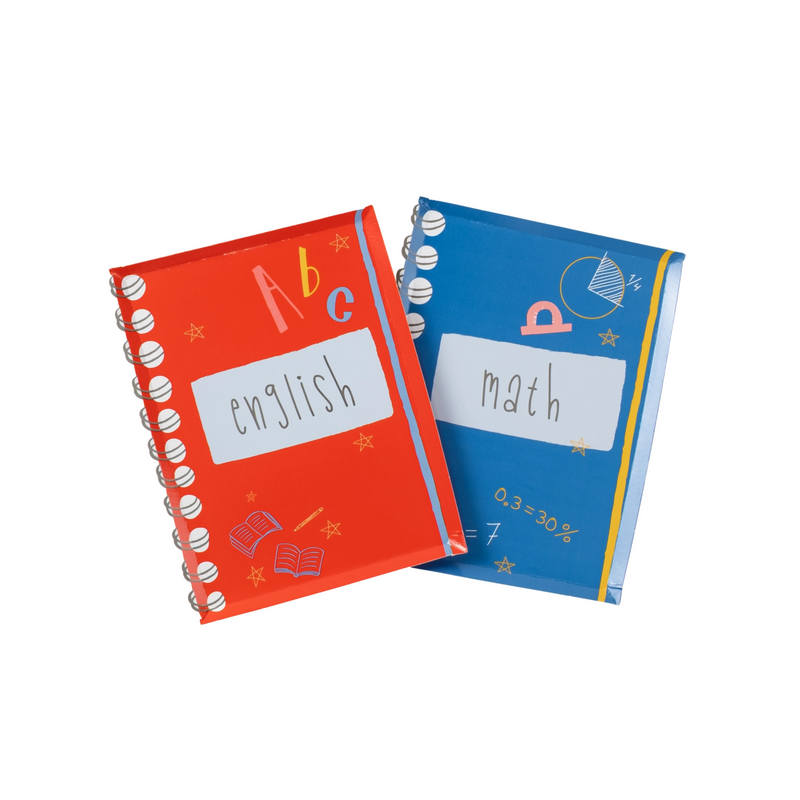 Stack of blue notebook plates highlighting math doodles and bold color.