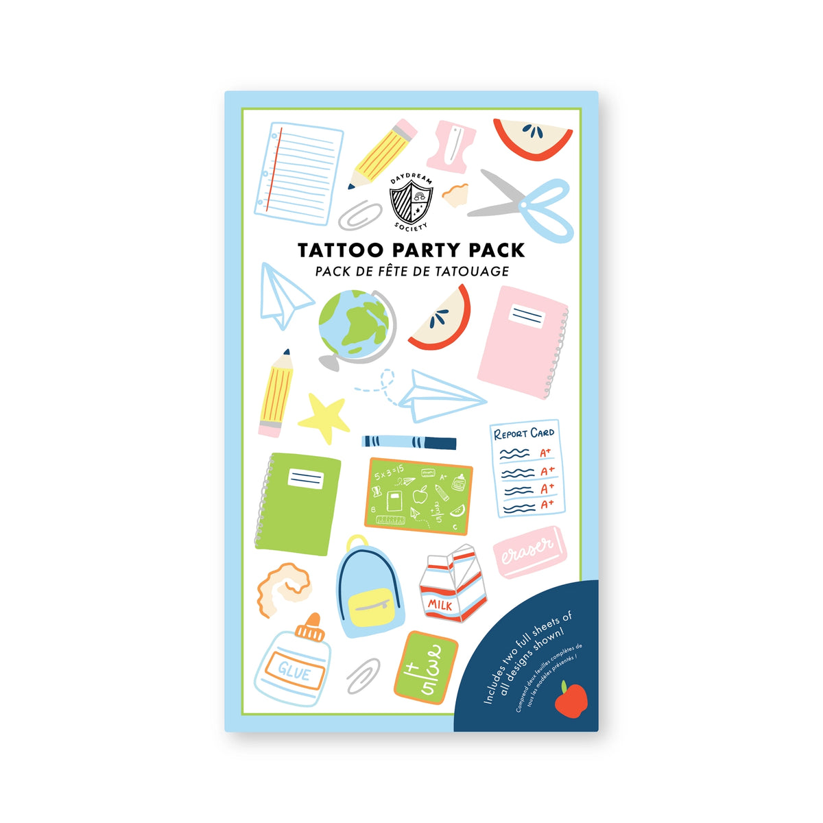 Back-to-school temporary tattoo party pack featuring notebooks, pencils, scissors, paper airplanes, globes, and other classroom icons.