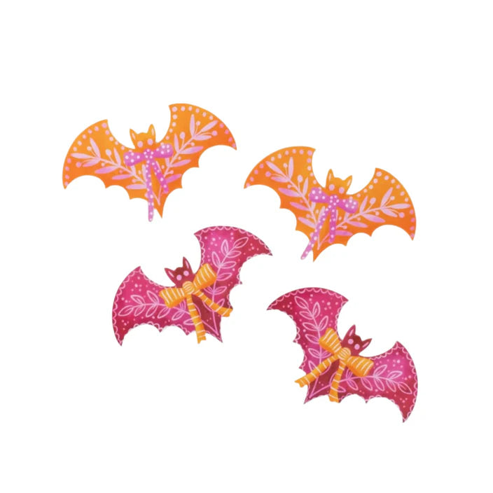 Four pink and orange bat appliqué stickers on white background shown as product detail.