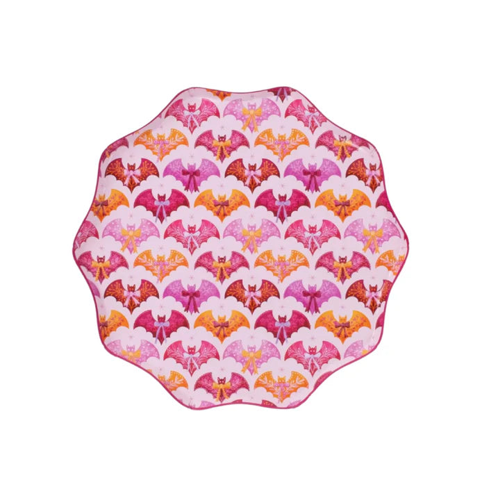 Product shot of full bat pattern dinner plate on white background, scalloped edge visible.