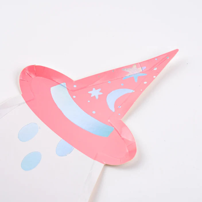 Close up of the pink witch hat on the ghost plate with moon and stars foil details.