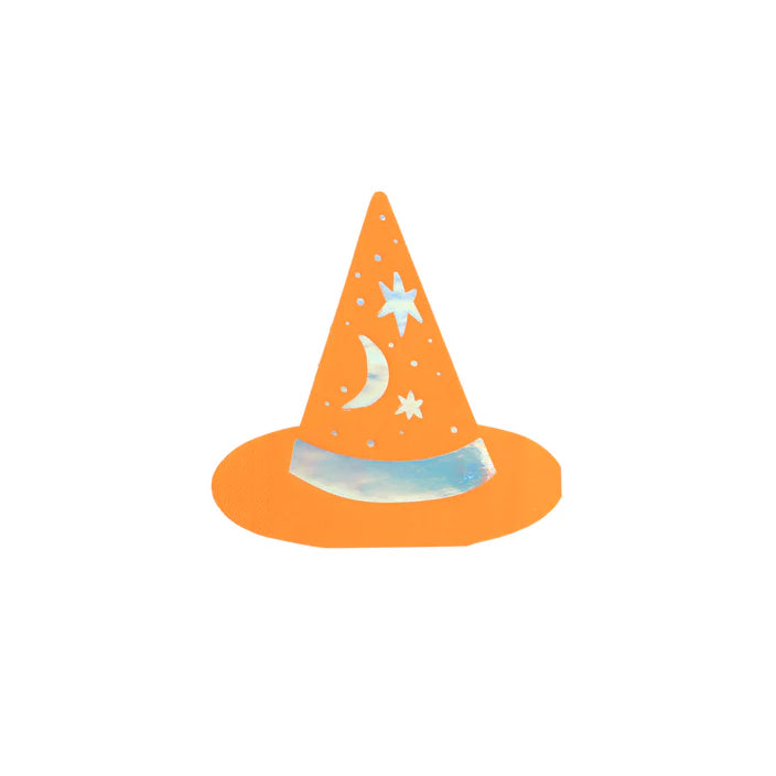 Orange witch hat cocktail napkin with foil moon and stars on white background.