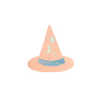 Peach witch hat cocktail napkin with foil moon and stars on white background.