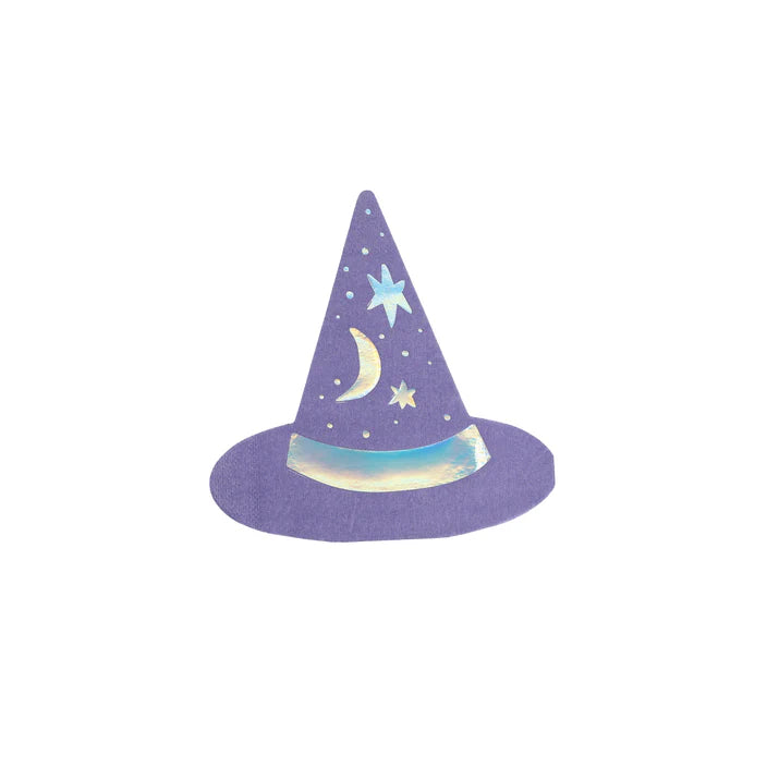 Purple witch hat cocktail napkin with iridescent moon and stars on white background.